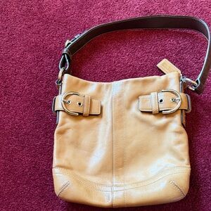 Coach Tan Leather Shoulder Bag with Buckle Accents